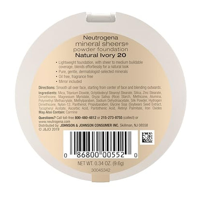 Neutrogena Mineral Sheers Compact Powder Foundation, Lightweight & Oil-Free Mineral Foundation, Fragrance-Free, Nude 40,.34 oz