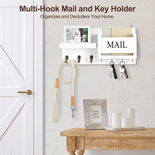 Mail Organizer for Wall Mount – Key Holder with Shelf includes Letter Holder and Hooks for Hallway Farmhouse Decor – Rustic Wood with Flush Mounting Hardware (16.5” x 9.1” x 3.4”) (Black)