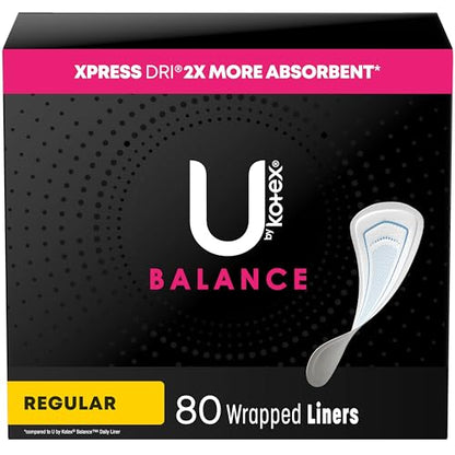 U by Kotex Balance Wrapped Panty Liners, Regular Length, 80 Count (Packaging May Vary)