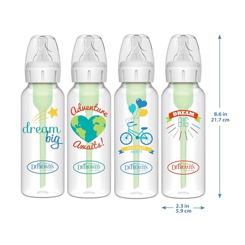 Dr. Brown's Natural Flow Anti-Colic Options+ Narrow Baby Bottle, 8 oz/250 mL, with Level 1 Slow Flow Nipple, 0m+, 4 count