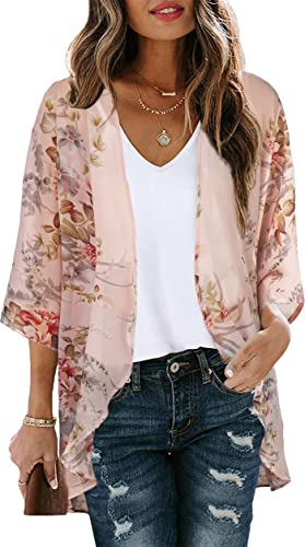 Women's Floral Print Puff Sleeve Kimono Cardigan Loose Cover Up Casual Blouse Tops