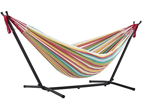 Vivere Double Hammock with Space Saving Steel Stand, Natural (450 lb Capacity - Premium Carry Bag Included)