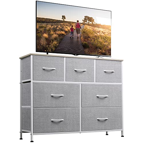 WLIVE Dresser TV Stand, Entertainment Center with Fabric Chest of Drawers for Bedroom, Media Console Table with Metal Frame and Wood Top for TV up to 45 inch, Rustic Brown Wood Grain Print