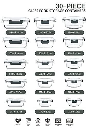 M MCIRCO 30 Pieces Glass Food Storage Containers with Upgraded Snap Locking Lids,Glass Meal Prep Set - Airtight Lunch Containers, Microwave, Oven, Freezer and Dishwasher Friendly (Green)