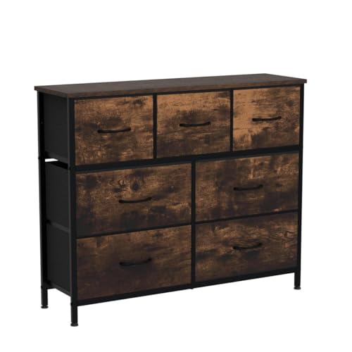 WLIVE Dresser TV Stand, Entertainment Center with Fabric Chest of Drawers for Bedroom, Media Console Table with Metal Frame and Wood Top for TV up to 45 inch, Rustic Brown Wood Grain Print