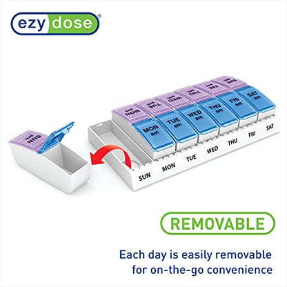 EZY DOSE Weekly (7-Day) AM/PM Pill Case, Medicine Planner, Vitamin Organizer Box, Small Pop-out Compartments, 2 Times a Day, Blue and Purple Lids, BPA Free