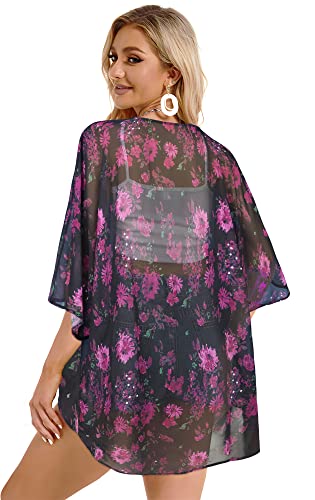 Women's Floral Print Puff Sleeve Kimono Cardigan Loose Cover Up Casual Blouse Tops