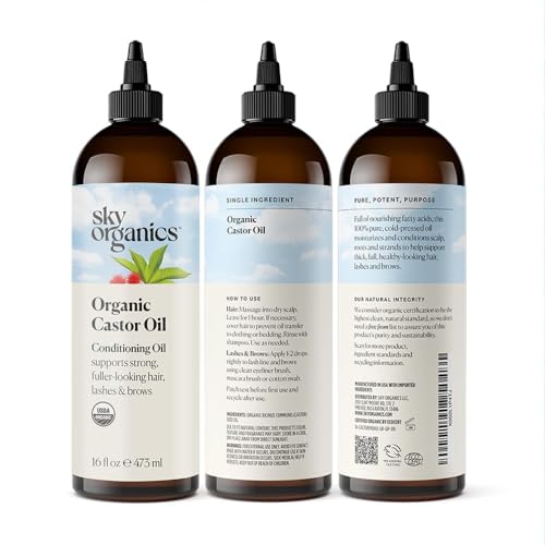 Sky Organics Castor Oil (2x16oz) USDA Organic Cold-Pressed Unrefined100% Pure Hexane-Free Castor Oil Conditioning & Healing For Dry Skin, Hair Growth for Eyelashes & Eyebrows with Exclusive Ebook