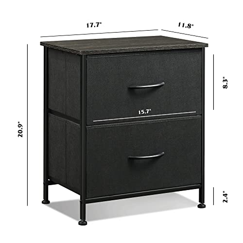 WLIVE Black Nightstand, Small Dresser for Bedroom with 2 Fabric Drawer, Bed Side Table with Drawers, End Table Bedside Furniture, Sturdy Steel Frame, Wood Top, Closet Organizer, College Dorm