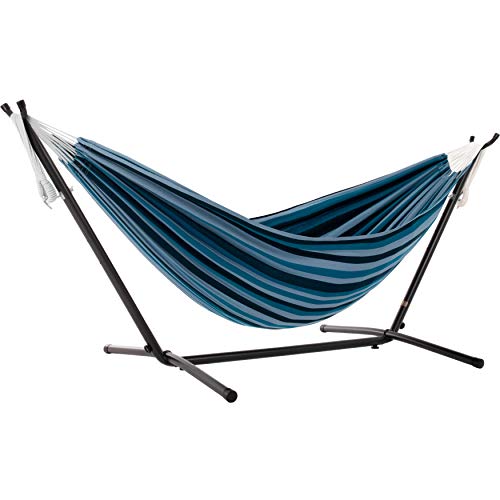 Vivere Double Hammock with Space Saving Steel Stand, Natural (450 lb Capacity - Premium Carry Bag Included)