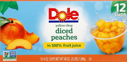 Dole Fruit Bowls Diced Peaches in 100% Juice Snacks, 4oz 12 Total Cups, Gluten & Dairy Free, Bulk Lunch Snacks for Kids & Adults