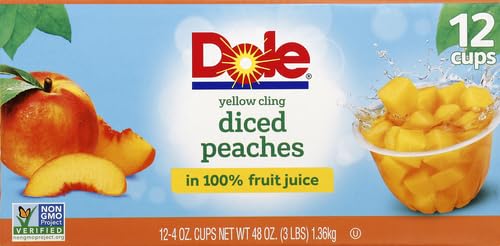 Dole Fruit Bowls Diced Peaches in 100% Juice Snacks, 4oz 12 Total Cups, Gluten & Dairy Free, Bulk Lunch Snacks for Kids & Adults