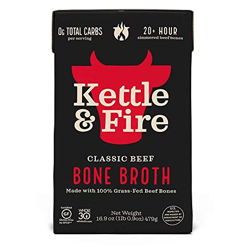 Kettle and Fire Classic Beef Bone Broth, Keto, Paleo, and Whole 30 Approved, Gluten Free, High in Protein and Collagen (6 Pack)