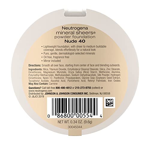 Neutrogena Mineral Sheers Compact Powder Foundation, Lightweight & Oil-Free Mineral Foundation, Fragrance-Free, Nude 40,.34 oz