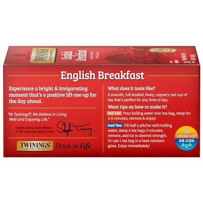 Twinings English Breakfast Black Tea, 100 Individually Wrapped Tea Bags, Smooth, Flavourful, Robust, Caffeinated, Enjoy Hot or Iced