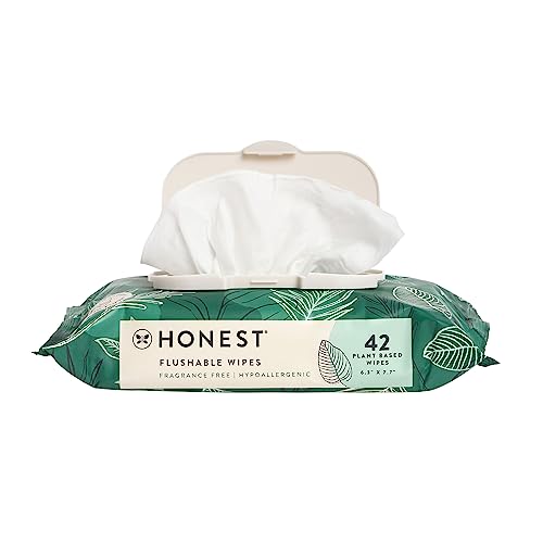 The Honest Company Plant-Based Flushable Wipes | 99% Water, Hypoallergenic, EWG Verified, Safe to Flush | Fragrance Free, 42 Count