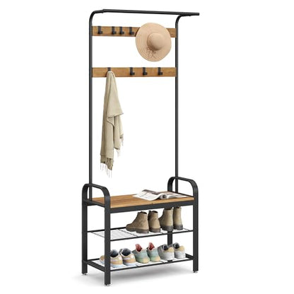 VASAGLE Coat Rack, Hall Tree with Shoe Bench for Entryway, Entryway Bench with Coat Rack, 4-in-1, with 9 Removable Hooks, a Hanging Rod, 13.3 x 28.3 x 72.1 Inches, Honey Brown and Black UHSR040B05