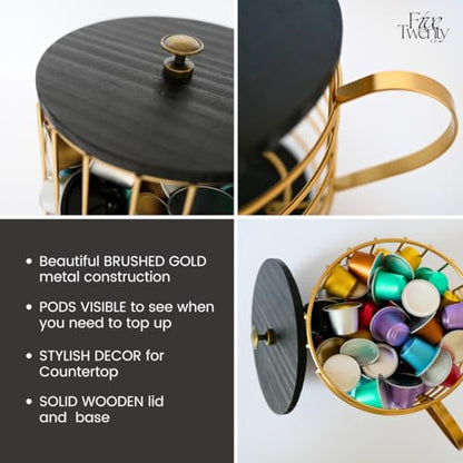 Coffee Pod Holder – Compatible with Nespresso Vertuo Pods and Capsules - Gold Metal K Cup Holder - Cute Coffee Pod Basket w/ Wooden Base & Lid - Coffee Pod Storage - Coffee Bar Decor