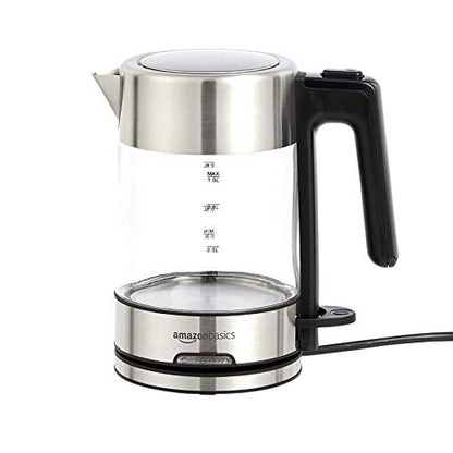 Amazon Basics Electric Kettle, Stainless Steel, Portable Fast-Boiling, Tea Kettle for Boiling Water, for Tea and Coffee, Auto Shut-Off and Boil Dry Protection, 1 Liter, Black and Silver