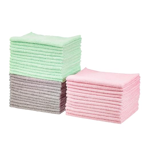 Amazon Basics Microfiber Cleaning Cloths, Non-Abrasive, Reusable and Washable, Pack of 24, Green/Gray/Pink, 16" x 12"