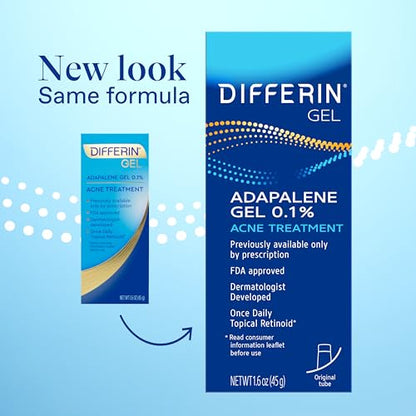 Differin Acne Treatment Gel, Retinoid Treatment for Face with 0.1% Adapalene, Gentle Skin Care for Acne Prone Sensitive Skin, 15g Tube (Packaging May Vary)