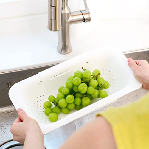 BLUE GINKGO Over the Sink Colander Strainer Basket - Wash Vegetables and Fruits, Drain Cooked Pasta and Dry Dishes - Extendable - New Home Kitchen Essentials (7.9 W x 14.5-19.5 L x 2.75 H) (Pink)