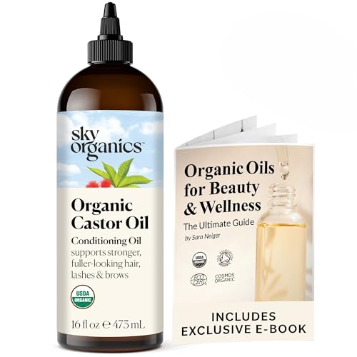 Sky Organics Castor Oil (2x16oz) USDA Organic Cold-Pressed Unrefined100% Pure Hexane-Free Castor Oil Conditioning & Healing For Dry Skin, Hair Growth for Eyelashes & Eyebrows with Exclusive Ebook