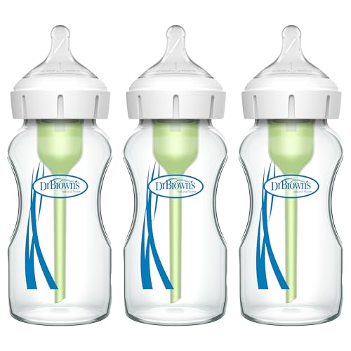 Dr. Brown's Natural Flow Anti-Colic Options+ Wide-Neck Glass Baby Bottles 5 oz/150 mL, with Level 1 Slow Flow Nipple, 3 Pack, 0m+