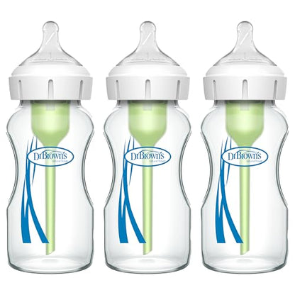 Dr. Brown's Natural Flow Anti-Colic Options+ Wide-Neck Glass Baby Bottles 5 oz/150 mL, with Level 1 Slow Flow Nipple, 3 Pack, 0m+