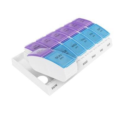 EZY DOSE Weekly (7-Day) AM/PM Pill Case, Medicine Planner, Vitamin Organizer Box, Small Pop-out Compartments, 2 Times a Day, Blue and Purple Lids, BPA Free