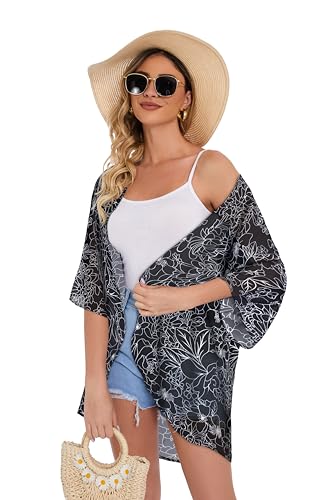 Women's Floral Print Puff Sleeve Kimono Cardigan Loose Cover Up Casual Blouse Tops