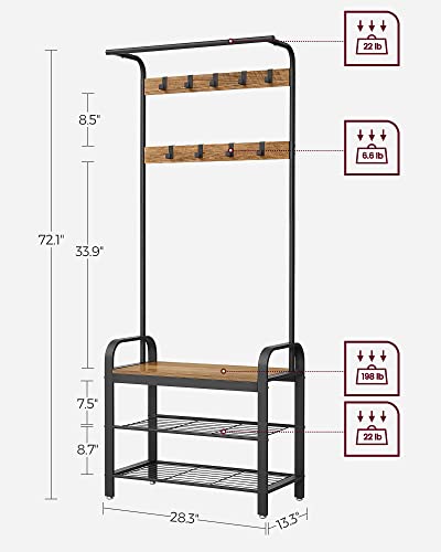 VASAGLE Coat Rack, Hall Tree with Shoe Bench for Entryway, Entryway Bench with Coat Rack, 4-in-1, with 9 Removable Hooks, a Hanging Rod, 13.3 x 28.3 x 72.1 Inches, Honey Brown and Black UHSR040B05