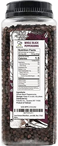 Soeos Black Peppercorns, 16oz (Pack of 1), Non-GMO, Kosher, Packed to Keep Peppers Fresh, Peppercorn for Grinder Refill, Whole Peppercorns