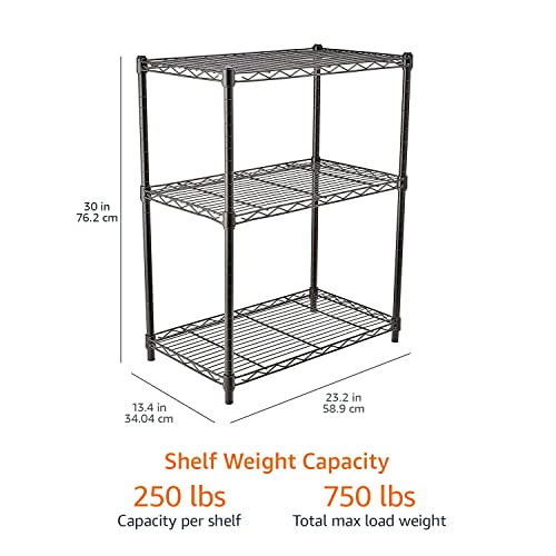 Amazon Basics 3-Shelf Adjustable, Heavy Duty Storage Shelving Unit (250 lbs loading capacity per shelf), Steel Organizer Wire Rack, 23.2"L x 13.4"W x 30"H, Black