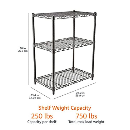 Amazon Basics 3-Shelf Adjustable, Heavy Duty Storage Shelving Unit (250 lbs loading capacity per shelf), Steel Organizer Wire Rack, 23.2"L x 13.4"W x 30"H, Black