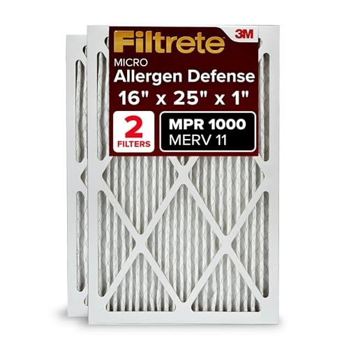 Filtrete 20x25x1 AC Furnace Air Filter, MERV 11, MPR 1000, Micro Allergen Defense, 3-Month Pleated 1-Inch Electrostatic Air Cleaning Filter, 2 Pack (Actual Size 19.688 x 24.688 x 0.84 in)