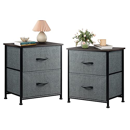 WLIVE Black Nightstand, Small Dresser for Bedroom with 2 Fabric Drawer, Bed Side Table with Drawers, End Table Bedside Furniture, Sturdy Steel Frame, Wood Top, Closet Organizer, College Dorm