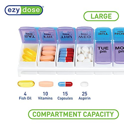 EZY DOSE Weekly (7-Day) AM/PM Pill Case, Medicine Planner, Vitamin Organizer Box, Small Pop-out Compartments, 2 Times a Day, Blue and Purple Lids, BPA Free