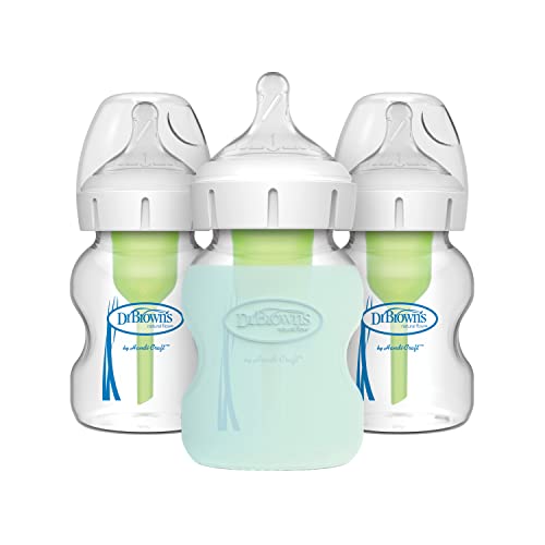 Dr. Brown's Natural Flow Anti-Colic Options+ Wide-Neck Glass Baby Bottles 5 oz/150 mL, with Level 1 Slow Flow Nipple, 3 Pack, 0m+