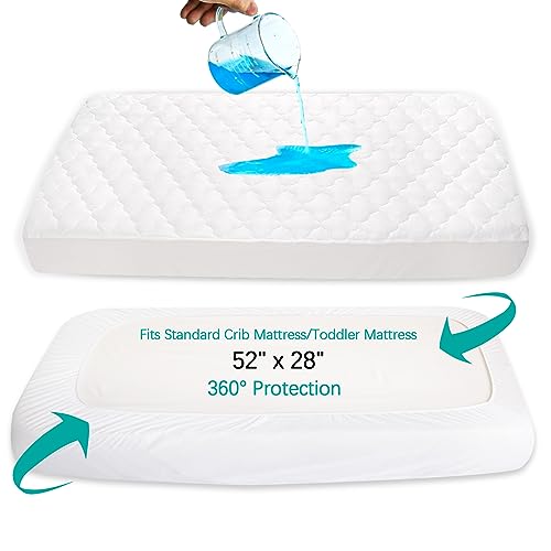 Crib Mattress Protector Sheets Fitted Waterproof Crib Mattress Pad Cover, Noiseless & Machine Wash 100% Absorbent Crib/Toddler Mattress Protector Sheet Quilted, White, 52" x 28"