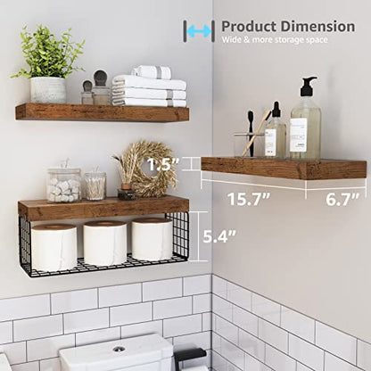 QEEIG Bathroom Shelves Over Toilet Wall Mounted Floating Shelves Farmhouse Shelf Toilet Paper Storage Small 16 inch Set of 3, Rustic Brown (019-BN3)