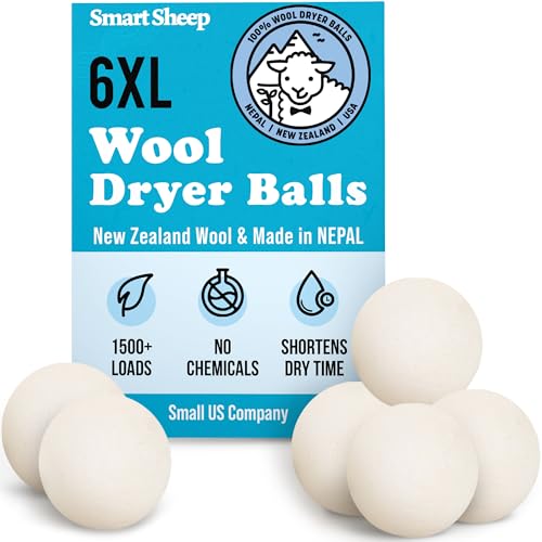 Wool Dryer Balls - Smart Sheep 6-Pack - XL Premium Natural Fabric Softener Award-Winning - Wool Balls Replaces Dryer Sheets - Wool Balls for Dryer - Laundry Balls for Dryer