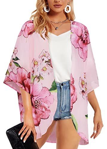 Women's Floral Print Puff Sleeve Kimono Cardigan Loose Cover Up Casual Blouse Tops