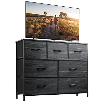 WLIVE Dresser TV Stand, Entertainment Center with Fabric Chest of Drawers for Bedroom, Media Console Table with Metal Frame and Wood Top for TV up to 45 inch, Rustic Brown Wood Grain Print