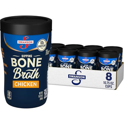 Swanson Sipping Bone Broth, Chicken Bone Broth with Ginger & Turmeric, 10.75 Ounce Sipping Cup (Pack of 8)