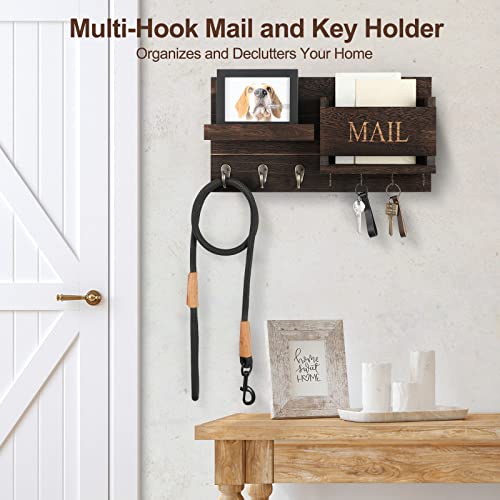 Mail Organizer for Wall Mount – Key Holder with Shelf includes Letter Holder and Hooks for Hallway Farmhouse Decor – Rustic Wood with Flush Mounting Hardware (16.5” x 9.1” x 3.4”) (Black)