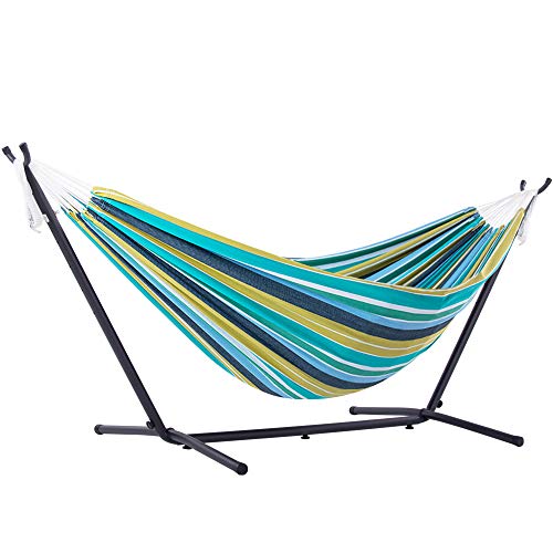 Vivere Double Hammock with Space Saving Steel Stand, Natural (450 lb Capacity - Premium Carry Bag Included)