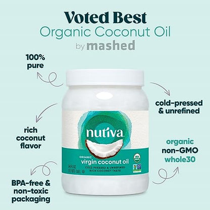 Nutiva Organic Coconut Oil 15 fl oz, Cold-Pressed, Fresh Flavor for Cooking, Natural Hair, Skin, Massage Oil and, Non-GMO, USDA Organic, Unrefined Extra Virgin Coconut Oil (Aceite de Coco)