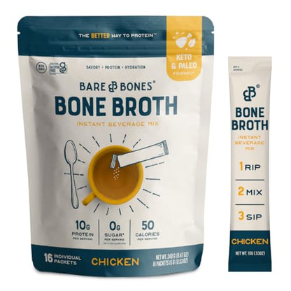 Bare Bones Bone Broth Instant Powdered Beverage Mix, Chicken, Pack of 16, 15g Sticks, 10g Protein, Keto & Paleo Friendly