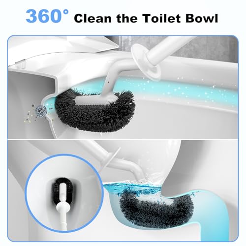 HAMITOR Toilet Bowl Brush Holder Set: Curved Design with Holder for Deep Cleaning Under Rim - Compact Hidden Scrubber for Small Space - Modern RV Bathroom Accessories - White